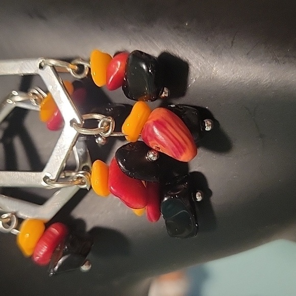 New Handmade Hexagon Shaped Fire Color Natural Stone Dangle Earrings Gift Box - Picture 4 of 5